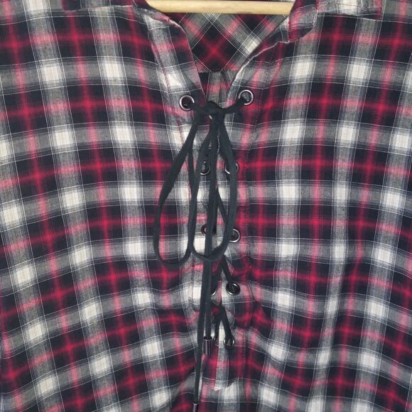 Kori America Medium Plaid Tunic Dress-Collared-Pockets-Lace Up Bodice-Roll Tab - Picture 3 of 8